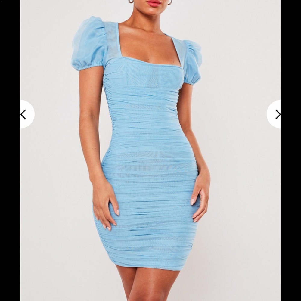 blue mesh puff sleeve milkmaid mini dress
